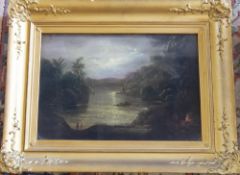 18th/19th cent oil on board of a river scene with figures in a painted gilt frame 22" x 16.5"