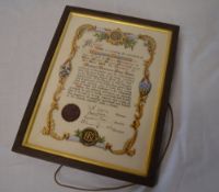 Framed scroll to mark the retirement of Mr William Darvill from Peter Dixon's paper mill, Grimsby