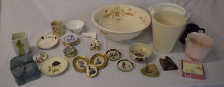 Ceramics inc toilet bowl, sm framed embroidered portraits, paperweights etc