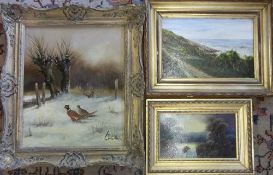 3 oil paintings inc Pheasants in a winter landscape