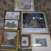 Various paintings & prints inc oil on board of Tealby, print of John Wesley & pastel drawing of