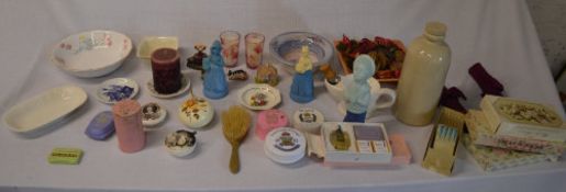 Various old soaps, Avon perfumes, candles, ceramic hot water bottle etc