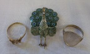 Siam 925 sterling enamelled peacock brooch & 2 silver rings