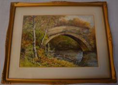 Watercolour of a bridge over river, signed William Rawson, 10" x 14"