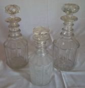 3 early 19th cent triple ring necked glass decanters