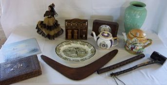 Various items inc Staffordshire plate, tribal art pipe, teapots & a boomerang