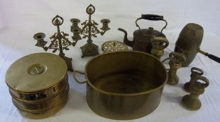 Assortment of brass items inc candlesticks, Endecotts Laboratory Sieve & weights