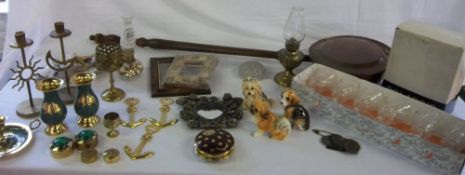 Box of miscellaneous items inc brass candlesticks, Polaroid Automatic 103 Land Camera & a copper
