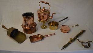 Brass & copper inc kettle, coat hooks, saucepan etc