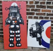 2 hand coloured canvasses of a Vespa scooter & Robby the Robot from the movie Forbidden Planet