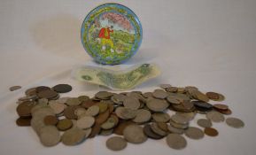 Various GB & USA coins in a rupert the bear tin
