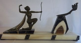 Art Deco bronze female hunter & a pheasant on an onyx and marble base H30cm L59cm W12cm