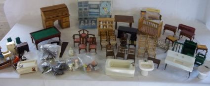 Box of dolls furniture inc ceramic bathroom set & a pool table