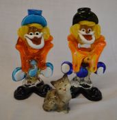 2 Murano style clown figures & a Royal Doulton cat
