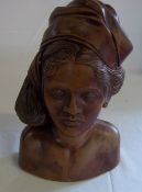 Polynesian style carved wooden bust of a girl in head dress