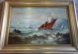 Large oil on canvas sea scape in a gilt frame signed J Marriett 113cm x 82 cm