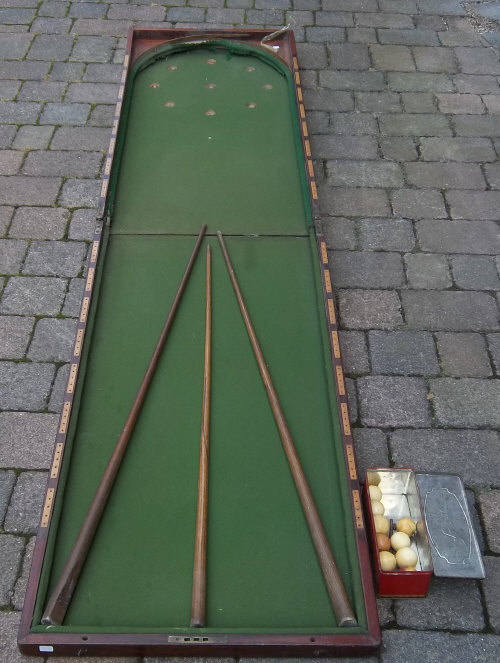 A Vict/Edw mah cased Bagatelle board with cues & balls (AF)