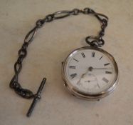 Silver pocket watch with silver chain & T bar, weight approx 4oz, Birm 1896