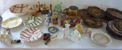 Assortment of ceramics inc Aynsley & carved wooden wall art