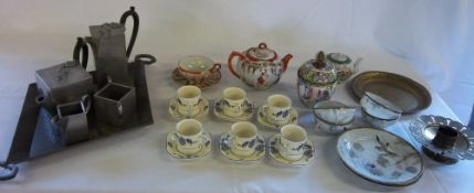 Arts & Crafts pewter tea set & various ceramics