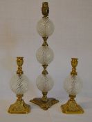 Pr of brass & orb glass candle sticks with a brass & glass table lamp