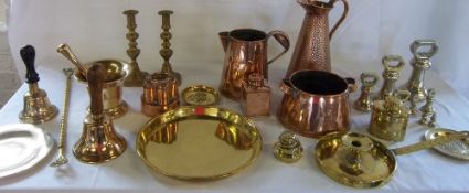 Various brass & copper items inc weights, bells & jugs