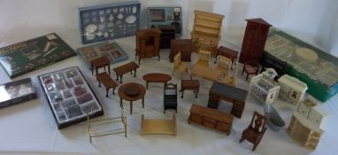 Box of dolls furniture inc table & chairs, pictures and dinner set