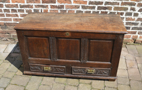 18th cent oak carved mule chest