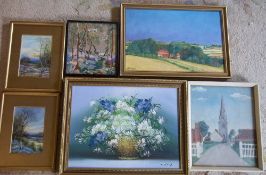 Assortment of pictures consisting of pr of watercolours, oils & a tapestry