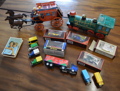 Die cast model cars inc Matchbox, toy train & battery powered talking stage coach