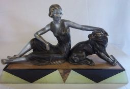 Art Deco bronze woman with a panther on a rectangular tapering onyx & marble base H29 cm L49cm