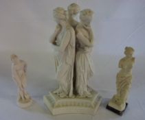 Parian ware '3 Graces' centrepiece (missing bowl) & 2 classical figures.