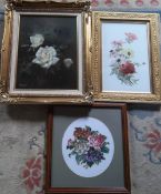 3 floral still life painting inc white roses by G Ropper