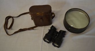'Iris' binoculars with case & poss WWII glass magnifying disc