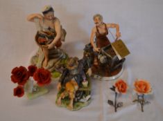 5pc Capodimonte inc a blacksmith, fish merchant, roses etc & one other Capodimonte style tramp