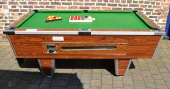 Coin operated slate bed pool table with triangle and two sets of balls (coins included)