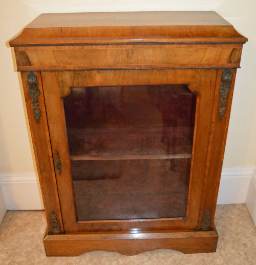 Lt Vict display cabinet with walnut veneer & ormolu mounts