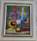 Oil on canvas of floral still life by J Grob 54 cm x 63 cm