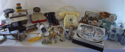 Mixed box of items inc GPO telephone, stereoscope, cigarette cards and ceramics