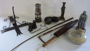 Various items inc table cigarette lighter in the shape of a knight, Miners lamp & a parasol