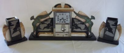French Art Deco marble & onyx clock garniture with a central silvered square dial flanked by two