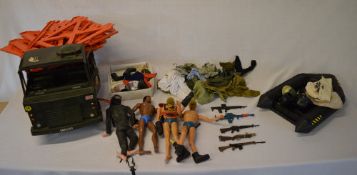 4 Action Man figures, truck, dingy & lg quantity of clothes/accessories inc breast plate