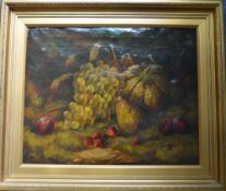 Vict oil on canvas of a still life of fruit inc grapes, pear, plums & pumpkin 65 cm x 55 cm