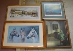 4 prints inc foxhunting and a winter landscape scene