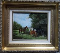 Oil painting of horses and stable by T Reed 42 cm x 36 cm