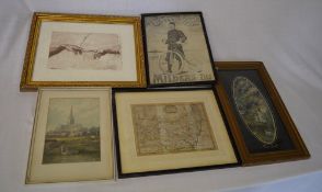 5 framed prints inc a map of Suffolk