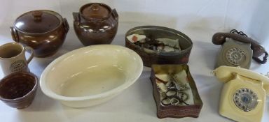 Assorted items inc Saltglaze pots, corkscrews & snuffers and vintage telephones