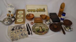 Wooden bowls, pewter teapot, games compendium etc