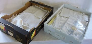 2 boxes of assorted white linens inc fancy-edge pillowcases, bolster cases, guest towels etc