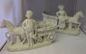 Pr of Bisque horse and cart figurines